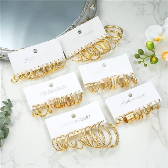 36 Pairs Gold Hoop Earrings Set Women Girls Multipack Hypoallergenic Chunky - Picture 5 of 6